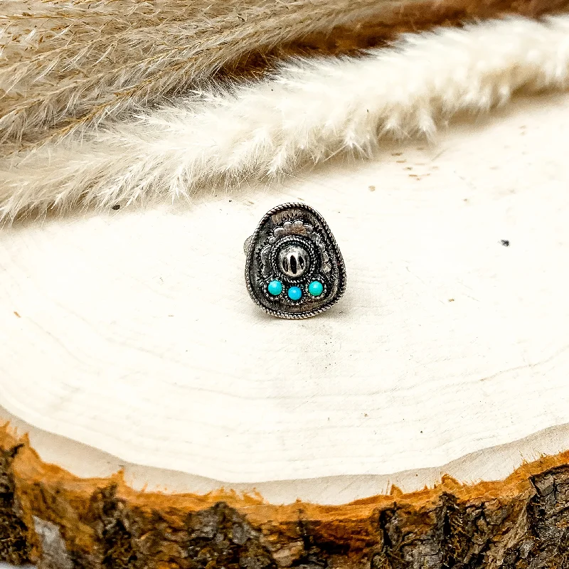 women's bar setting ring-Cowgirl Silver Tone Ring With Turquoise Blue Stones