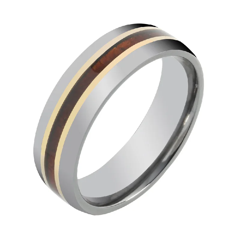 women's personalized engagement ring-Tantalum with 14K Yellow Gold and Koa Wood Inlaid Wedding Ring Barrel 6mm