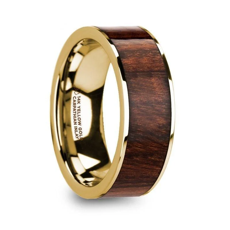 women's high-end engagement ring-SOPHUS Men’s 14k Yellow Gold Polished Flat Wedding Ring with Carpathian Wood Inlay - 8mm